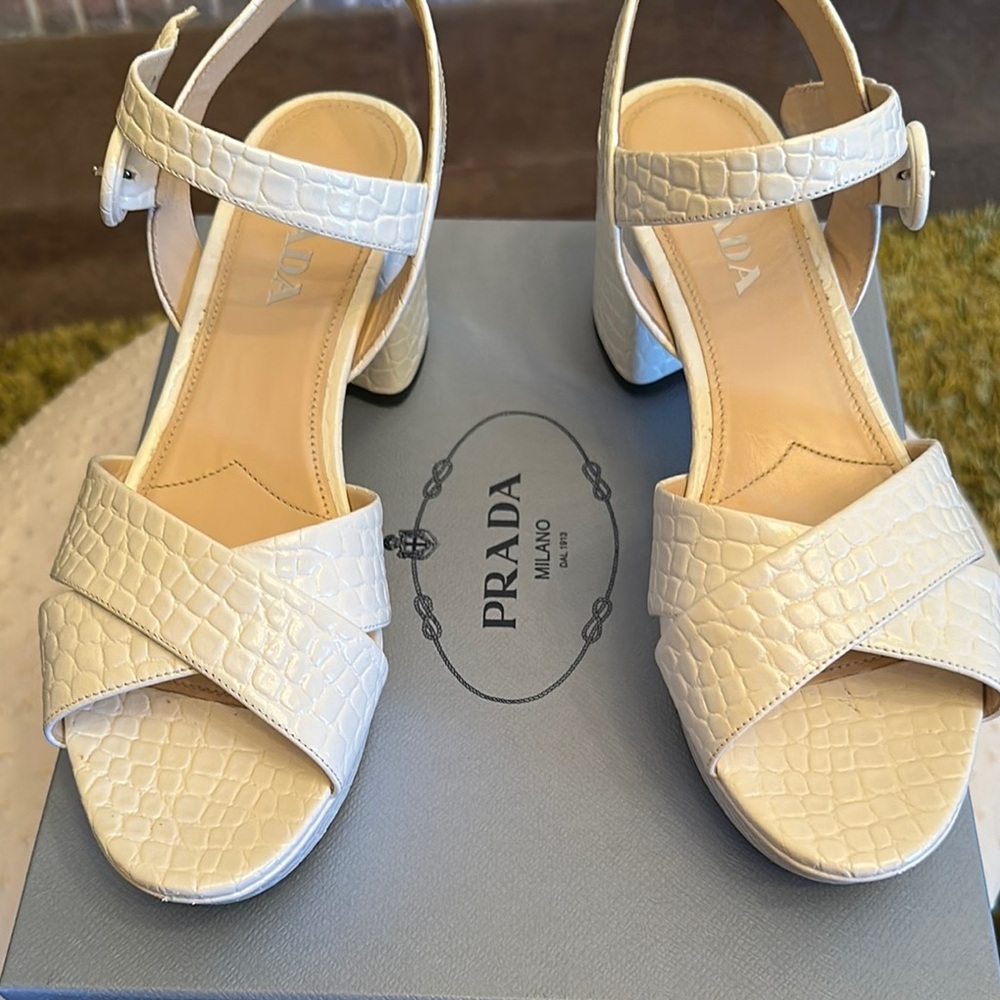 Prada White Croc-Embossed Sandals